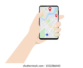 Flat design vector of human hand holding smart phone to show route map in the city with GPS navigator application, mobile application, Digital marketing