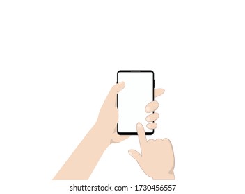 Flat design vector of human hand holding blank screen of smart phone with finger point to screen , mobile application, Digital marketing