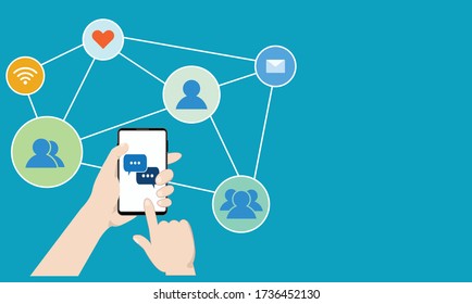 Flat design vector of  human hand holding cellphone for social networking and connecting together online, community and internet