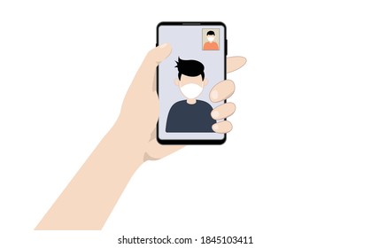 Flat design vector of human hand holding smart phone and use facetime for communication , mobile application, Digital marketing