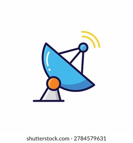 A flat design vector icon of a blue parabolic satellite dish antenna with an orange base and yellow radio waves emitting from the receiver