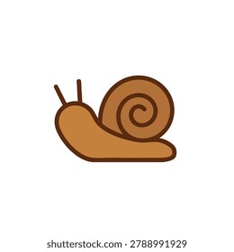 A flat design vector icon of a brown garden snail with a spiral shell and two antennae on a plain white background