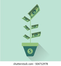 Flat design vector icon business illustration concept. Money deposit growth as flowers and leaf of plant.