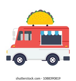 
A Flat Design Vector Icon Of Cartoon Traditional Mexican Food Van, Food Truck With Taco On Top 
