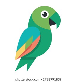 A flat design vector icon of a colorful parrot featuring geometric shapes and vibrant green teal yellow and orange colors on a plain background