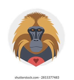 A flat design vector icon depicting the face of a mandrill monkey with distinctive colorful facial features and long fur