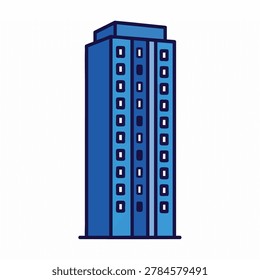 A flat design vector icon featuring a tall blue skyscraper with multiple windows on a white background