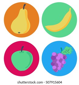 Flat design vector icon fruits - pear, banana, apple and grape