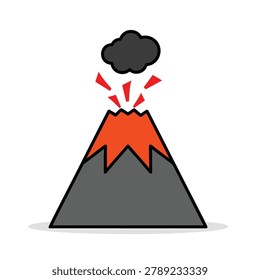 A flat design vector icon of a grey mountain volcano erupting with orange lava and a dark smoke cloud on a white background