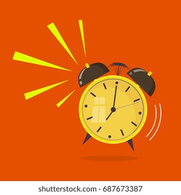 Flat design. Vector icon isolated on background. Cartoon alarm clock ringing. Wake up morning concept. 