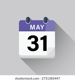 Flat design vector icon for May thirty first calendar day with long shadow on grey background