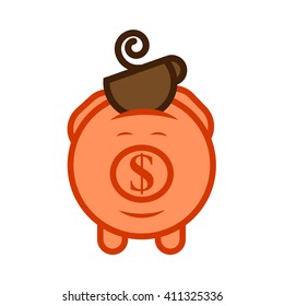 Flat design vector icon of piggy bank to economize and saving money with a coffee