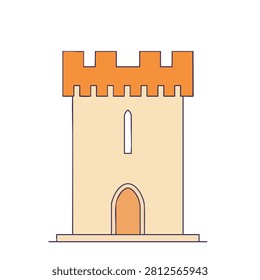 A flat design vector icon of a simple stone castle tower with an orange battlement and arched entrance