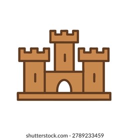 A flat design vector icon of a stylized brown sandcastle with three towers and a central archway isolated on a white background