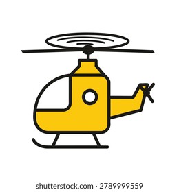A flat design vector icon of a yellow helicopter with a simple outline isolated on a white background representing air transport