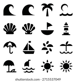 Flat design vector icons featuring travel, beach, and vacation elements. Scalable, monochrome, and perfect for commercial use in apps, websites, and print.