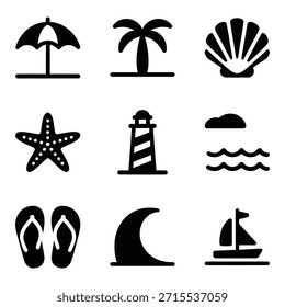 Flat design vector icons featuring beach essentials: umbrella, palm tree, shell, starfish, lighthouse, waves, flip flops, and sailboat. Scalable, clean, and perfect for commercial use.