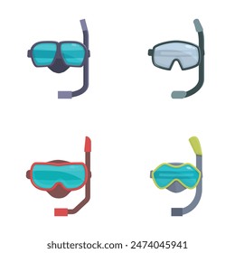 Flat design vector icons of four different snorkel masks in various colors, isolated on white background