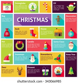 Flat Design Vector Icons Infographic Merry Christmas Concept. Design elements for mobile and web applications with long shadow. Happy New Year winter holiday.