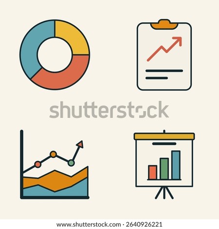 Flat Design Vector Icons of Pie Chart, Line Graph, Bar Chart on Presentation Board, and Report Clipboard with Arrow