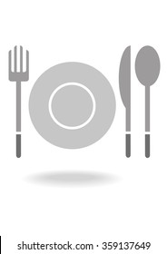 flat design vector icons of plate, fork, knife and spoon isolated on white background