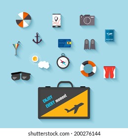 Flat design. Vector icons set of planning a summer vacation: travelling, holidays, journey, tourism, travel objects, passenger luggage. Isolated on stylish blue background with shadows.