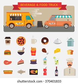 Flat design vector icons set of wagon full of tasty summer food, meals, drinks beverage materials