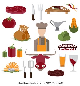 flat design vector icons of steak house food elements and chef