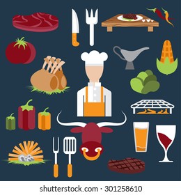 flat design vector icons of steak house food elements and chef