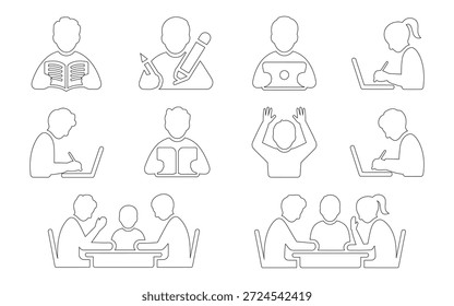 Iconos planos del vector del diseño de los estudiantes que estudian y que colaboran