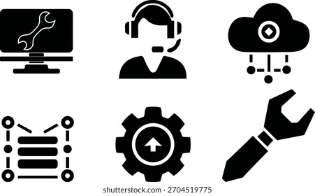 Ícones de vetor de design plano para tecnologia, suporte de TI e computação em nuvem.
