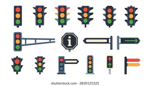 Flat design vector icons of traffic signals and road signs