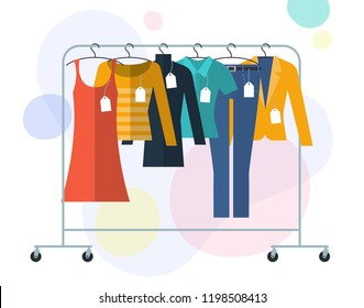Flat design vector illistration of clothes on hangers with labels and tags. Shopping sale vtctor concept.