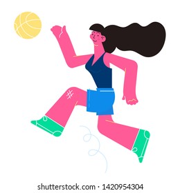 Flat design vector illustartion with the running young girl with the basketball. 