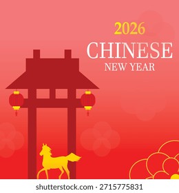 Flat design vector illustration of the 2026 Chinese New Year of the Horse for posters, banners, greeting cards, banners, stickers, web design, social media. 