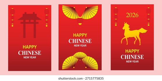 Flat design vector illustration of the 2026 Chinese New Year of the Horse for posters, banners, greeting cards, banners, stickers, web design, social media. 