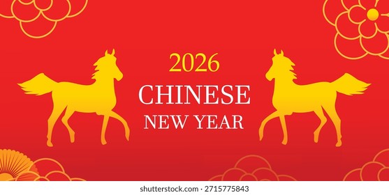 Flaches Design, Vektorgrafik des chinesischen Neujahrsfestes des Pferdes 2026 für Poster, Banner, Grußkarten, Banner, Aufkleber, Webdesign, soziale Medien. 