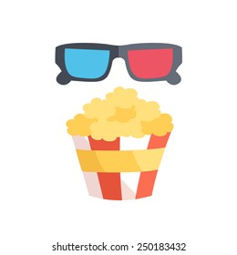 Flat design. Vector illustration of 3D cinema and popcorn