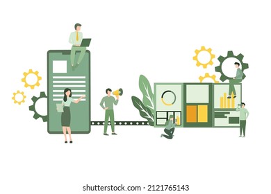 Diseño plano Ilustración vectorial sobre la conexión del usuario con una tablet y el uso compartido de datos con un sistema ciberfísico, automatización y concepto de interfaz de usuario, proceso de fabricación digitalizado inteligente
