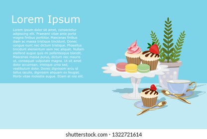 Flat Design Vector Illustration Of Afternoon Tea Concept. A Cup Of Tea, Cupcakes, Macaroons And Garden Tree In Pot On Light Blue Background With Copy Space For Text.