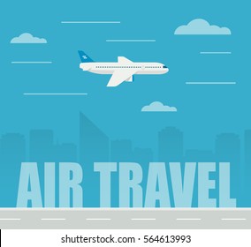 Flat design vector illustration airplane flying on the skyscrapers background. Air travel.