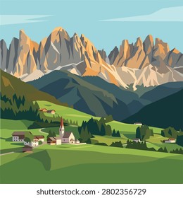 Flat design vector illustration of an alpine mountain village with green hills, pine forest, and sharp rocky peaks under a blue sky. Minimalist mountain valley background vector, scenic idyllic village in European alps, graphic art for travel poster and banner. 