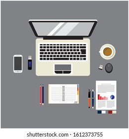 flat design vector illustration of analyzing project on business meeting. Top view of desk background with laptop, digital devices, office objects with papers, documents and coffee.