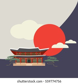 Flat design vector illustration of an asian landscape with the east asian styled building, sun and trees. Buddhist or Taoist temple or Shinto shrine. Japanese styled shrine and sun as styles of Japan