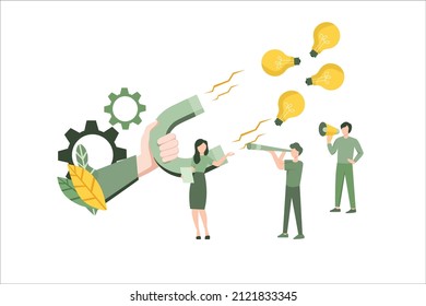 Ilustración vectorial de diseño plano, atrayendo ideas con imán de personas inteligentes, concepto creativo de trabajo en equipo, idea de negocio de lluvia de ideas.
