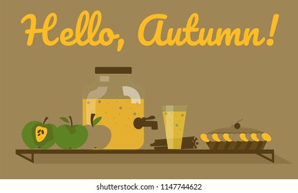 Flat design, vector illustration of autumn food items: apples, cinnamon sticks, apple cider, apple pie, lettering "Hello, Autumn!"