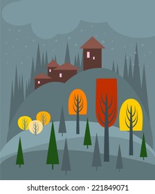 Flat design vector illustration with autumn forest