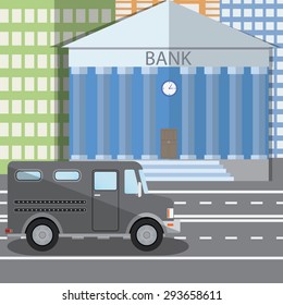 Flat design vector illustration of bank building and parked bulletproof armored truck in flat design style, vector illustration