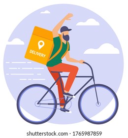 Ilustración vectorial de diseño plano del mensajero de bicicletas. Concepto de servicio de entrega en línea, seguimiento de pedidos en línea, domicilio de entrega y oficina.