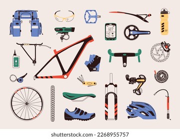 Flat design vector illustration of bicycle parts, components, spares and accessories. Set includes bike parts such as frame, fork, saddle, wheel, helmet, handlebar, glasses, clothes, and other.